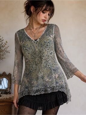 Brittany Black lace overlay tunic top sheer sleeves boho whimsigoth fairy goth